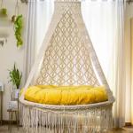 White & Mustard Yellow Boho Style Indoor Hammock Swing for Home, Bedroom & Living Room