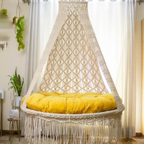 White & Mustard Yellow Boho Style Indoor Hammock Swing for Home, Bedroom & Living Room