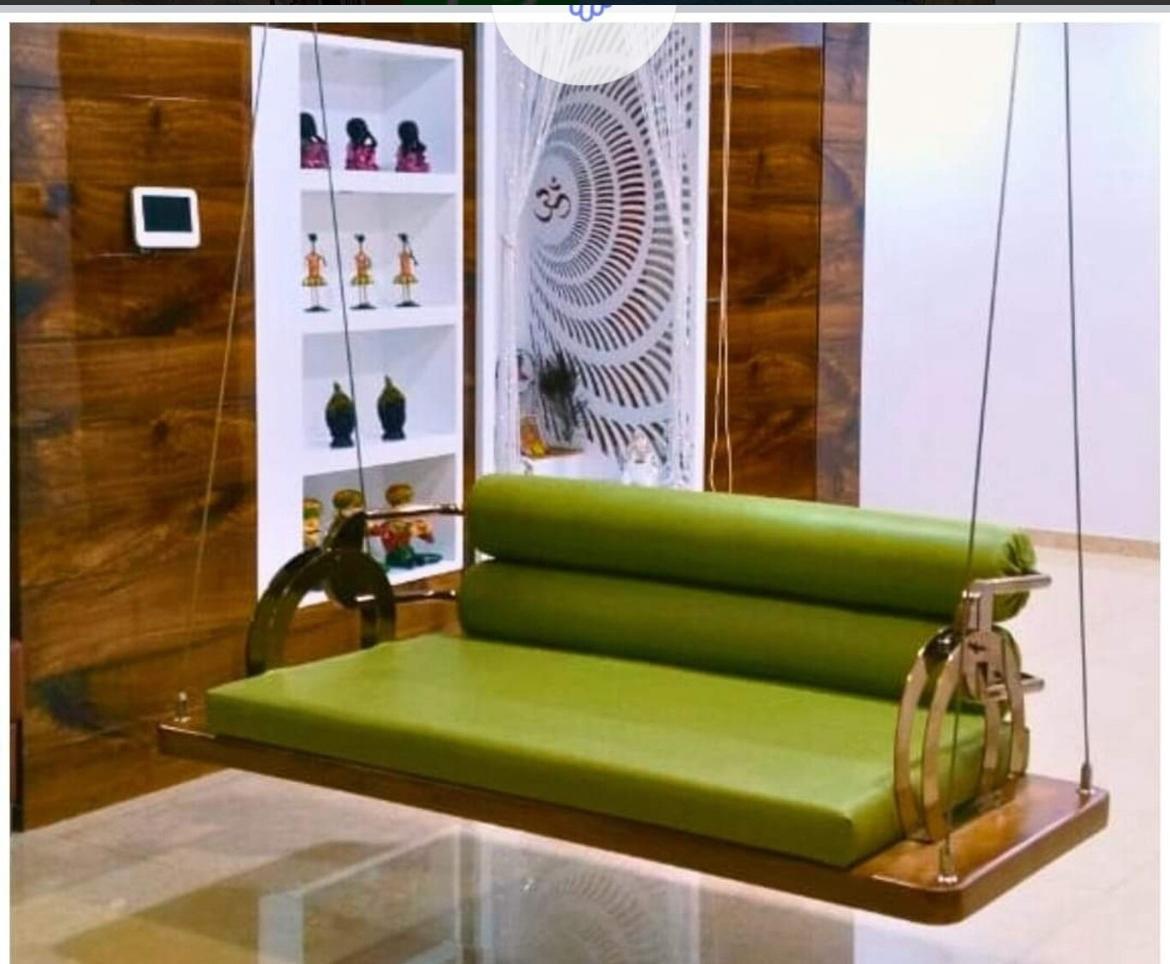 Luxury Indoor Wooden Hanging Swing Sofa with Green Upholstery