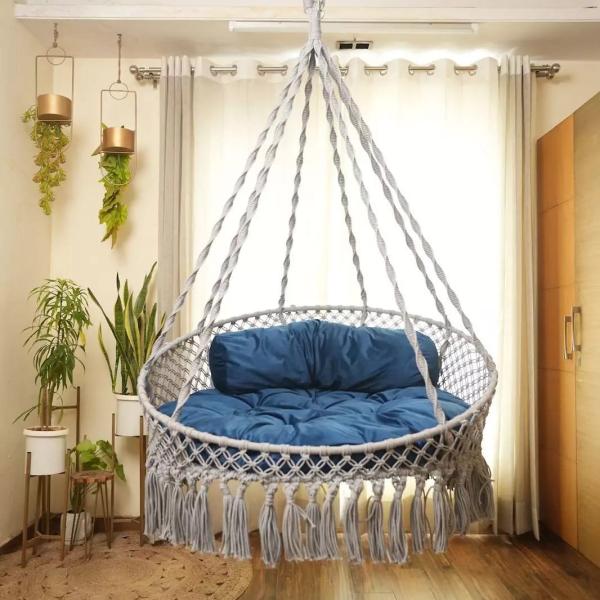 Navy Blue Boho Style Indoor Hammock Swing for Home, Bedroom & Living Room