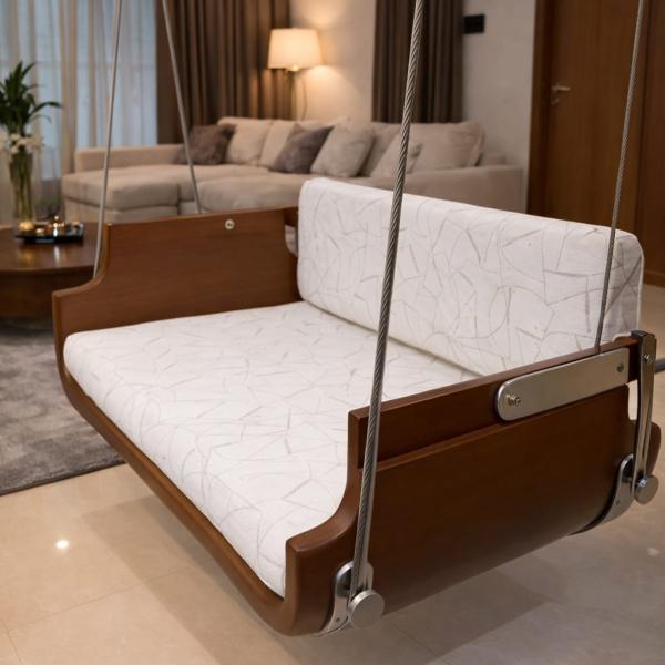 Modern Wooden Hanging Swing Sofa with Cushioned Seat