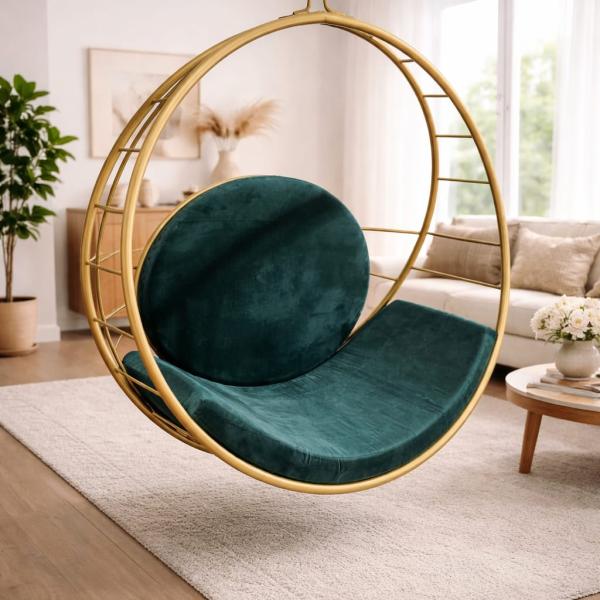 Luxury Hanging Swing Chair with Gold Circular Frame & Emerald Green