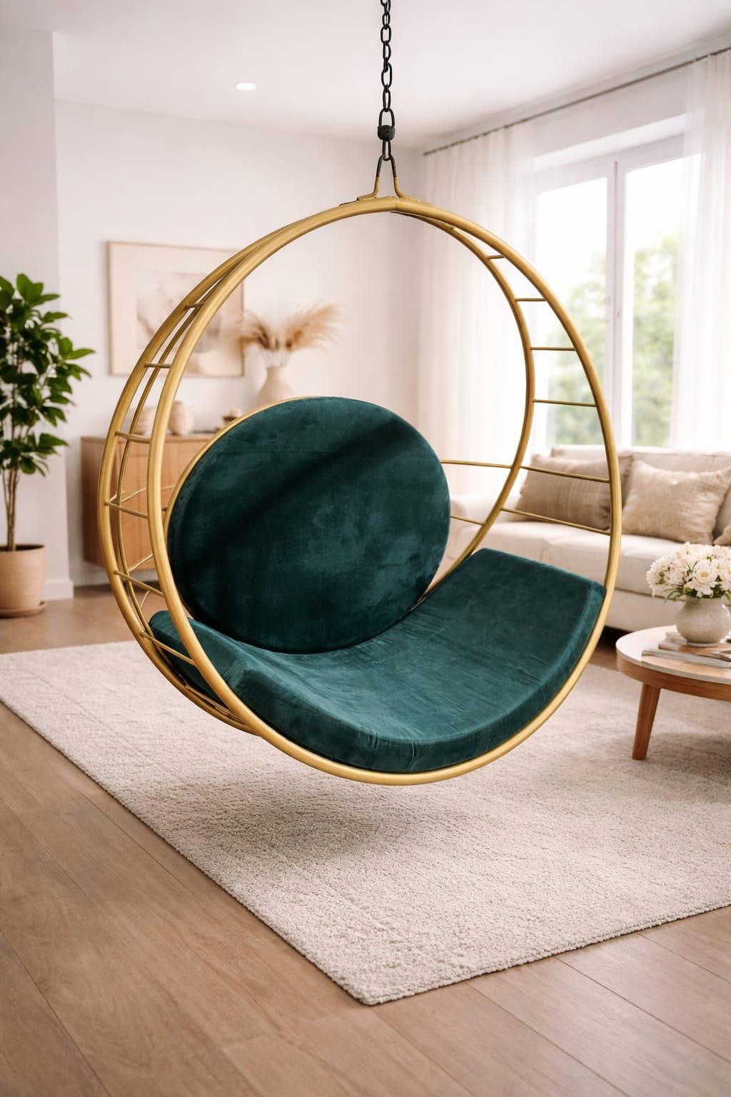 Luxury Hanging Swing Chair with Gold Circular Frame & Emerald Green