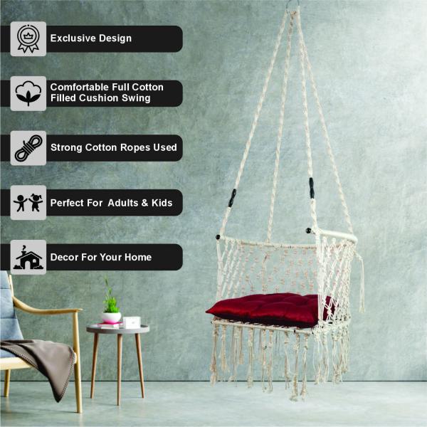 Handcrafted Macrame Hanging Swing Chair with Red Cushion