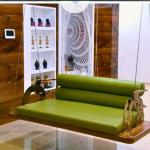 Luxury Indoor Wooden Hanging Swing Sofa with Green Upholstery